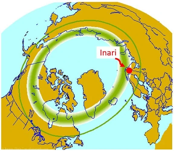 Croquis montrant l'ovale auroral centré autour du pôle nord de la Terre, et montrant qu'Inari est juste en dessous