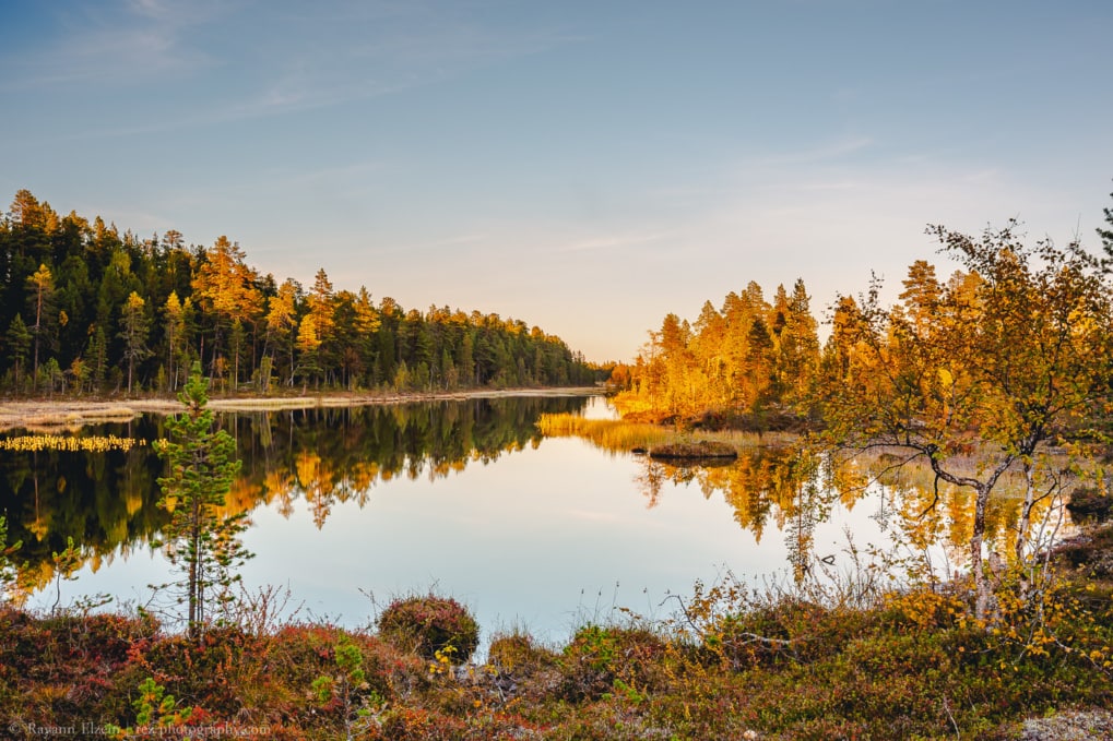Lac calme en Laponie dans la lumière de l'automne